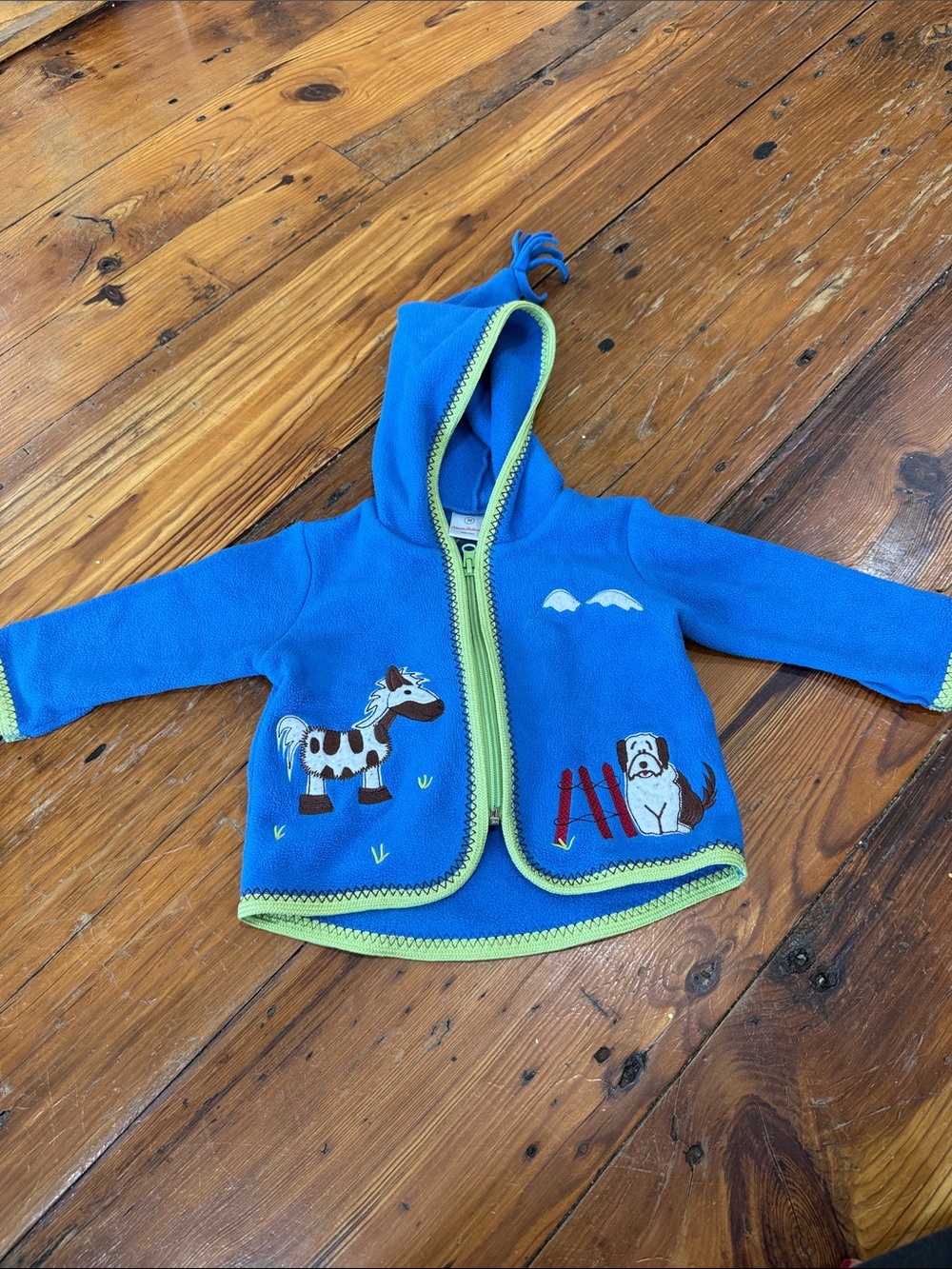 Hanna Andersson Baby Hooded Fleece Jacket Blue & Lime Fleece Jacket horse & dog
